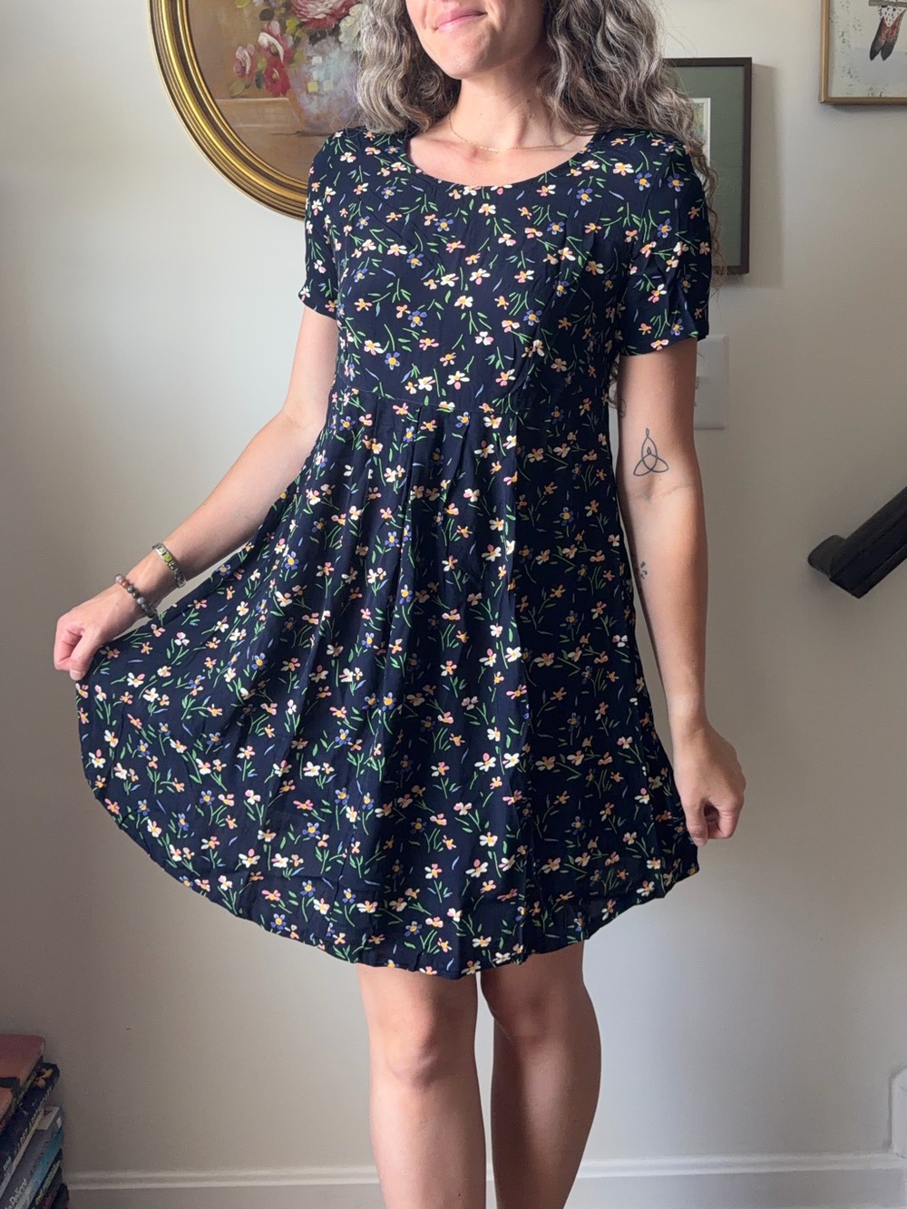 Vintage Navy Blue Floral Short Sleeve Mini Dress